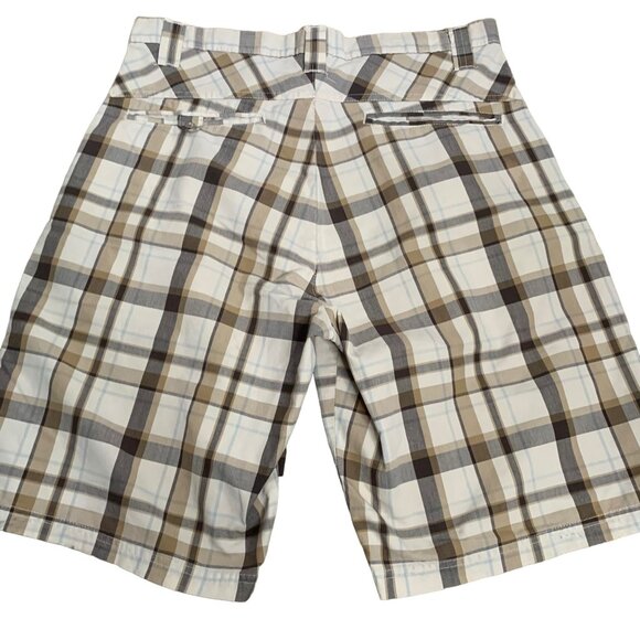 Burnside Flat Front Chino Shorts 32 Beige Plaid 5 Pocket Button Zip Belt Loops - Picture 3 of 5